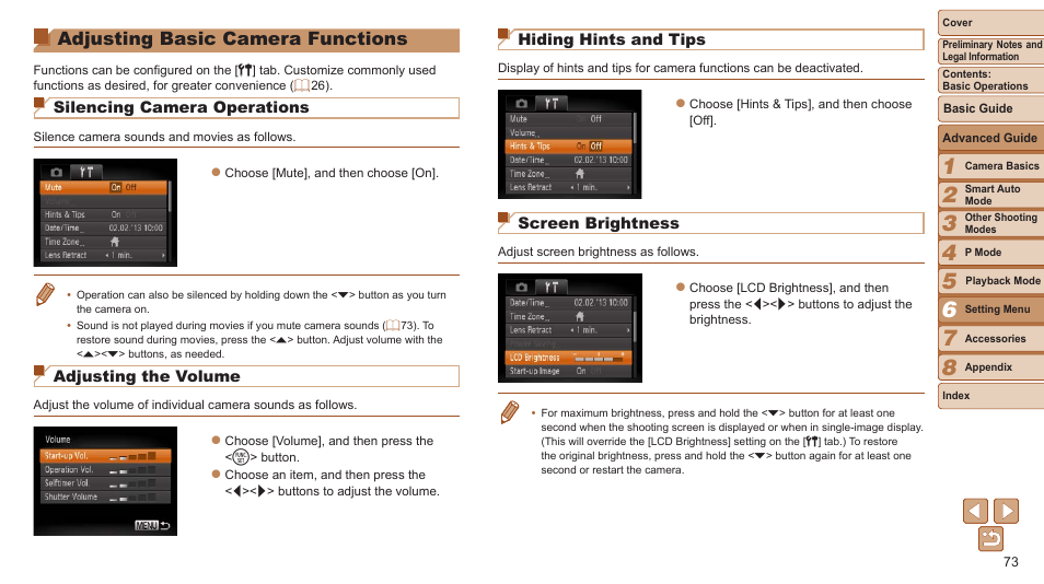 Adjusting basic camera, Functions, Adjusting basic camera functions | Hiding hints and tips, Screen brightness, Silencing camera operations, Adjusting the volume | Canon PowerShot A2500 User Manual | Page 73 / 109