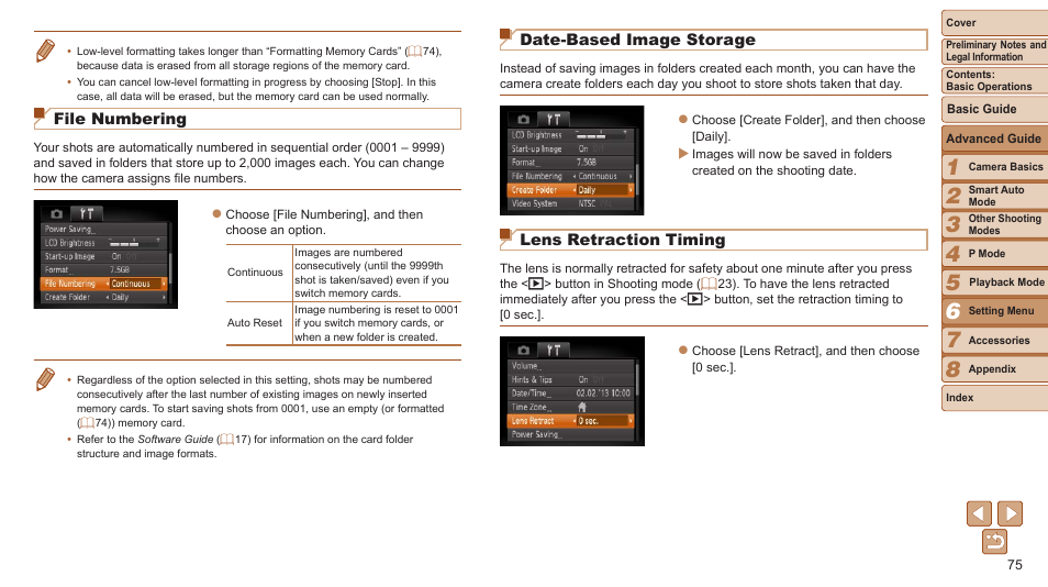 Date-based image storage, Lens retraction timing, File numbering | Canon PowerShot A2500 User Manual | Page 75 / 109