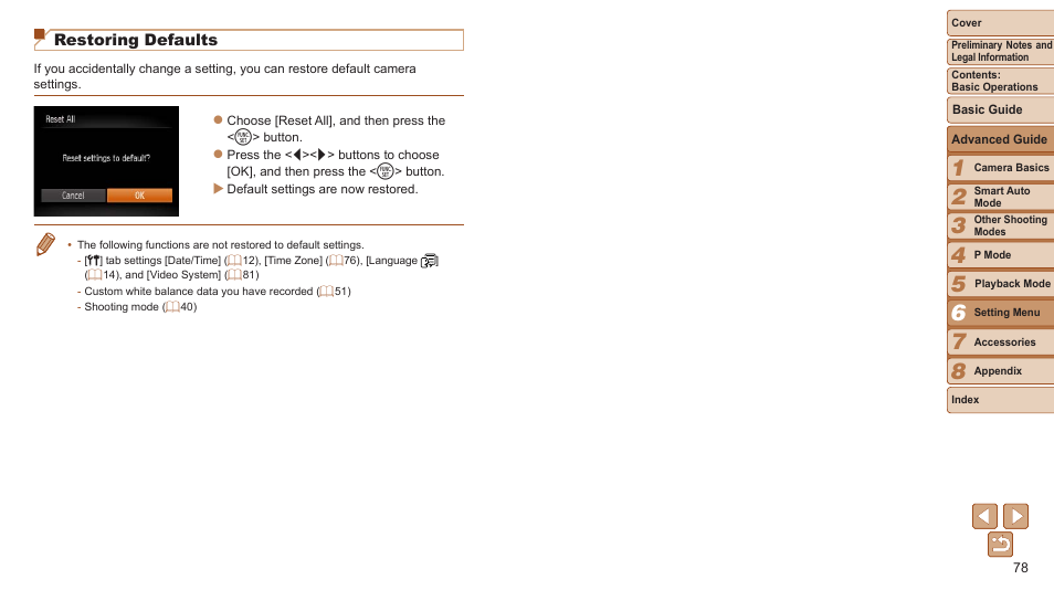 Settings, Restoring defaults | Canon PowerShot A2500 User Manual | Page 78 / 109