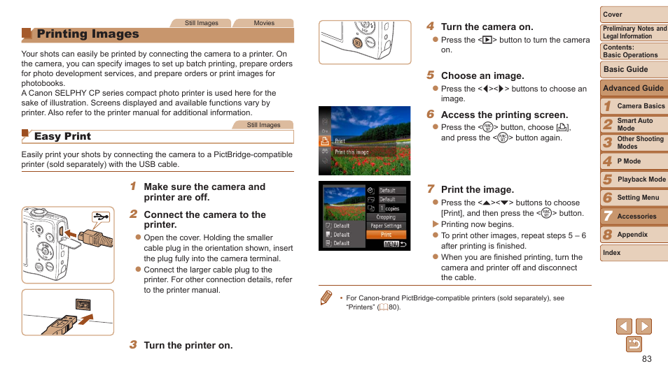 Printing images, Print using printer functions | Canon PowerShot A2500 User Manual | Page 83 / 109