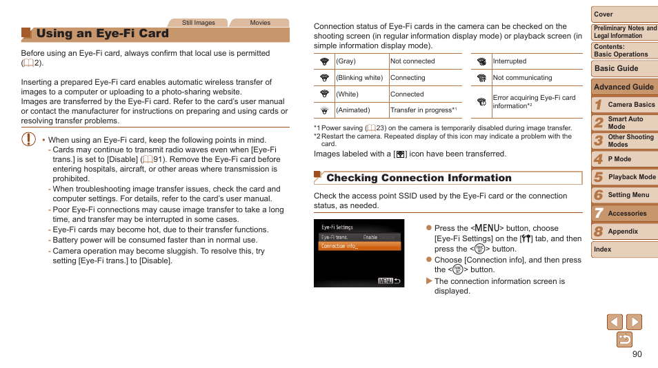 Using an eye-fi card, 90) contains software on the card itself. before, Checking connection information | Canon PowerShot A2500 User Manual | Page 90 / 109