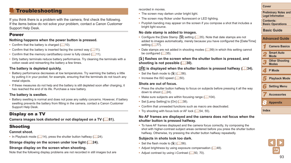 Troubleshooting, Power, Display on a tv | Shooting | Canon PowerShot A2500 User Manual | Page 93 / 109