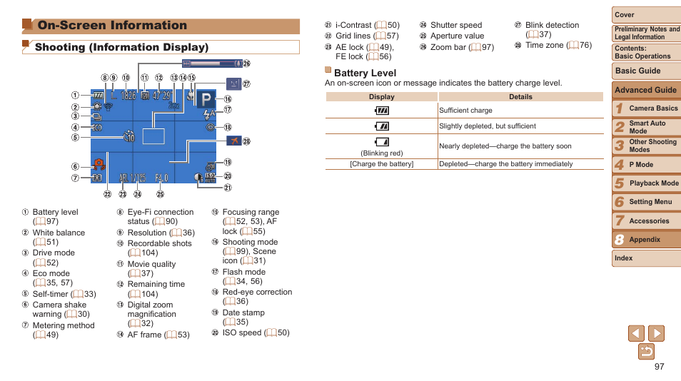 On-screen information, Information, Shooting (information display) | Canon PowerShot A2500 User Manual | Page 97 / 109