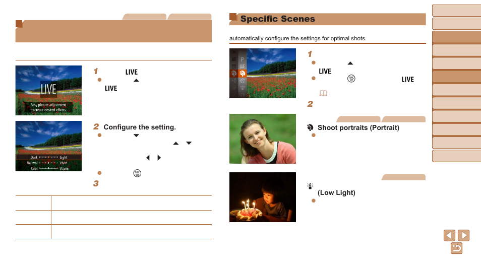 Specific scenes, Brightness / color customization, Live view control) | Canon PowerShot ELPH 150 IS User Manual | Page 40 / 119