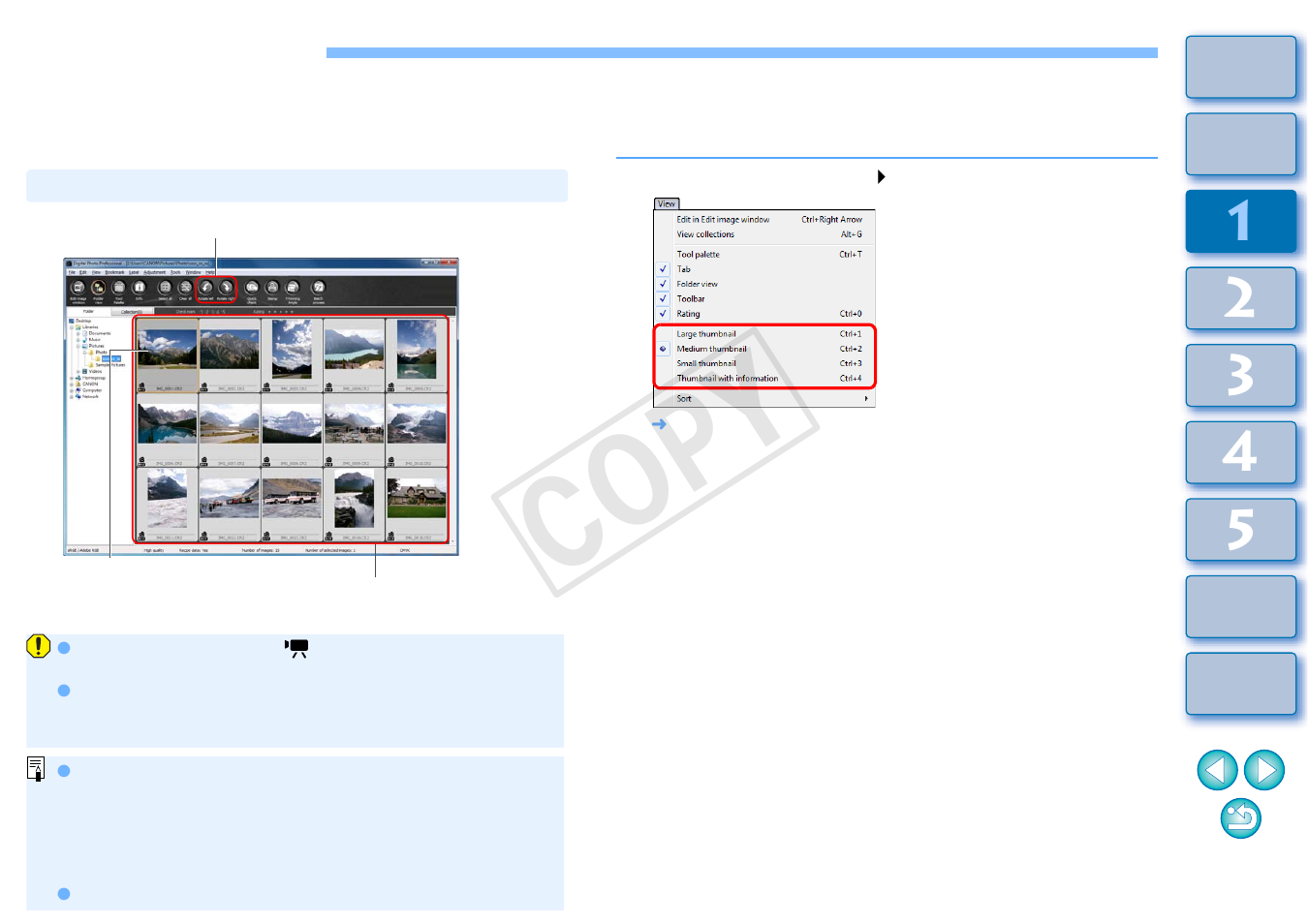 Viewing an image, P.10, Viewing images as thumbnails in the main window | Changing the size of thumbnail images, Cop y | Canon EOS Rebel T5 18-55 IS II Kit User Manual | Page 11 / 153