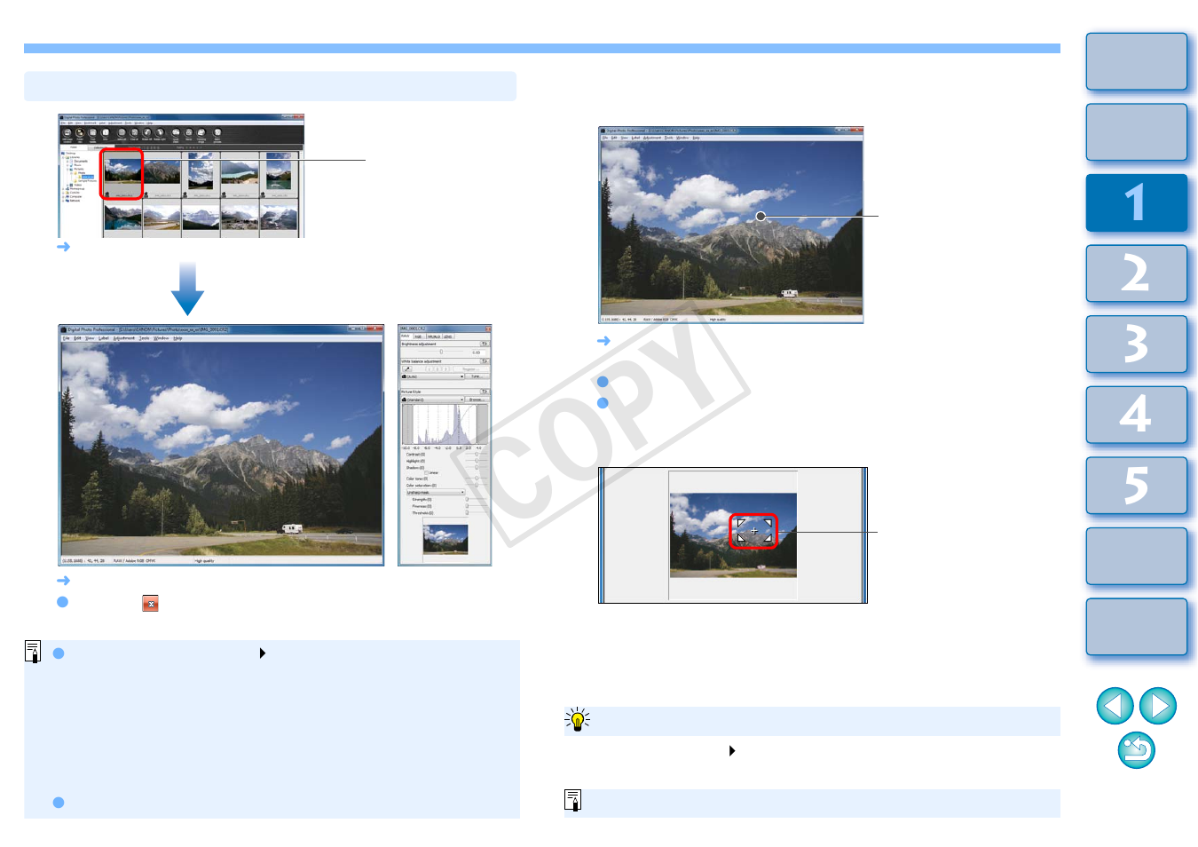 P.11, Enlarging and viewing an image in the edit window, Enlarging and viewing a specific area | Cop y | Canon EOS Rebel T5 18-55 IS II Kit User Manual | Page 12 / 153