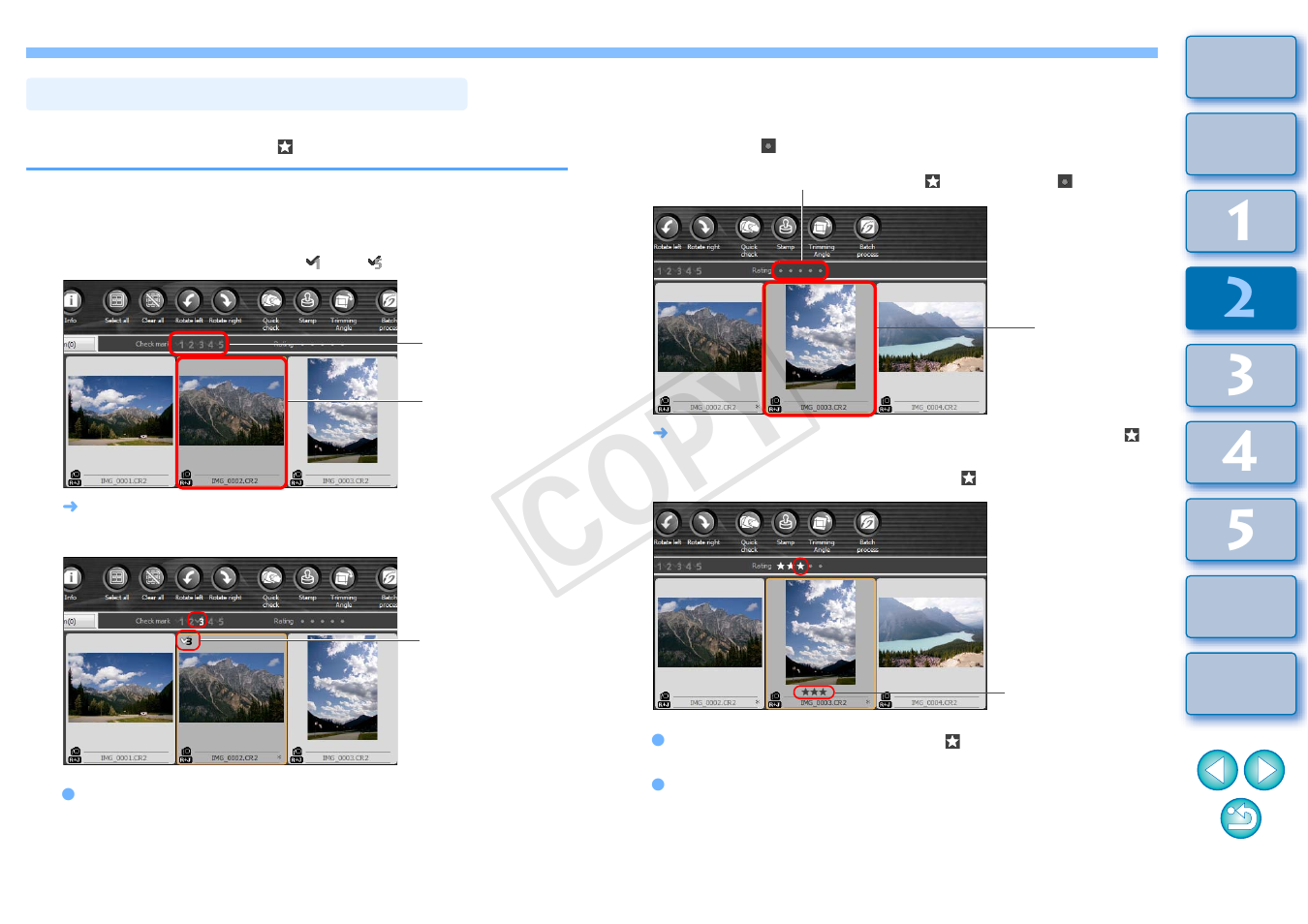 P.19, Sorting images in the main window, Attaching check marks in the main window | Setting ratings in the main window, Cop y | Canon EOS Rebel T5 18-55 IS II Kit User Manual | Page 20 / 153