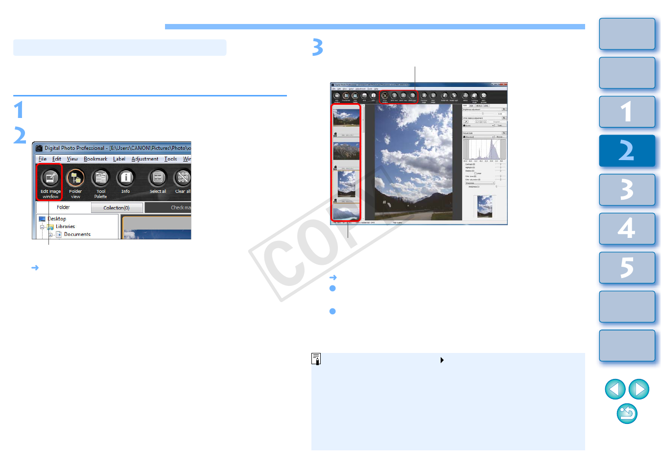 Editing efficiently, P.34, Editing in the edit image window | Cop y | Canon EOS Rebel T5 18-55 IS II Kit User Manual | Page 35 / 153