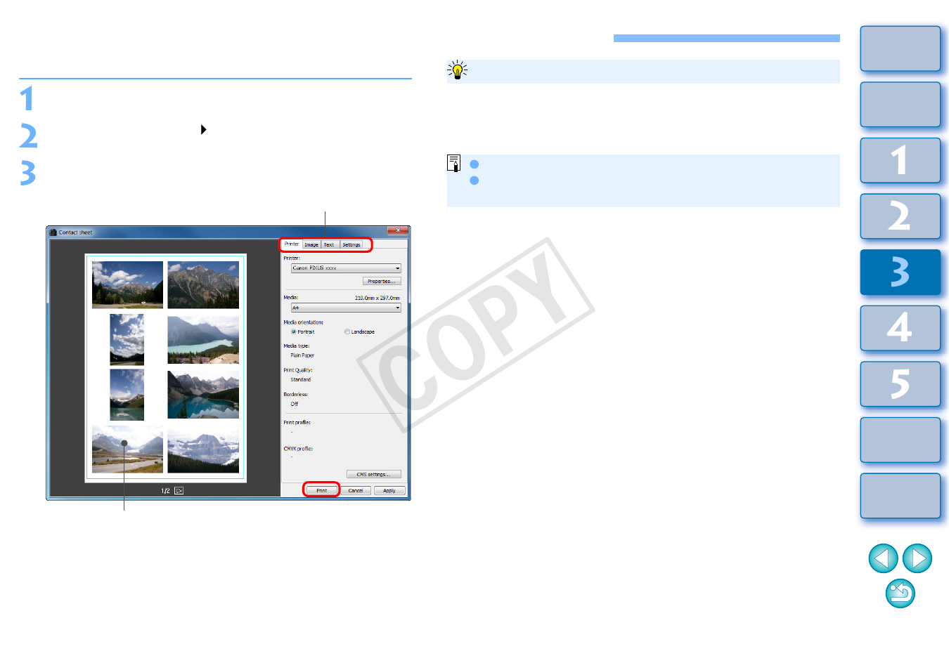 Printing a thumbnail list (contact sheet printing), P.88, Printing) | P.88), Cop y | Canon EOS Rebel T5 18-55 IS II Kit User Manual | Page 89 / 153
