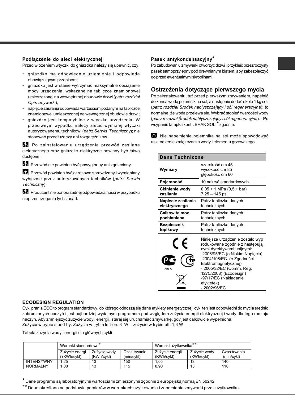 Ostrzeżenia dotyczące pierwszego mycia | Hotpoint Ariston LSFA+ 935 User Manual | Page 39 / 84