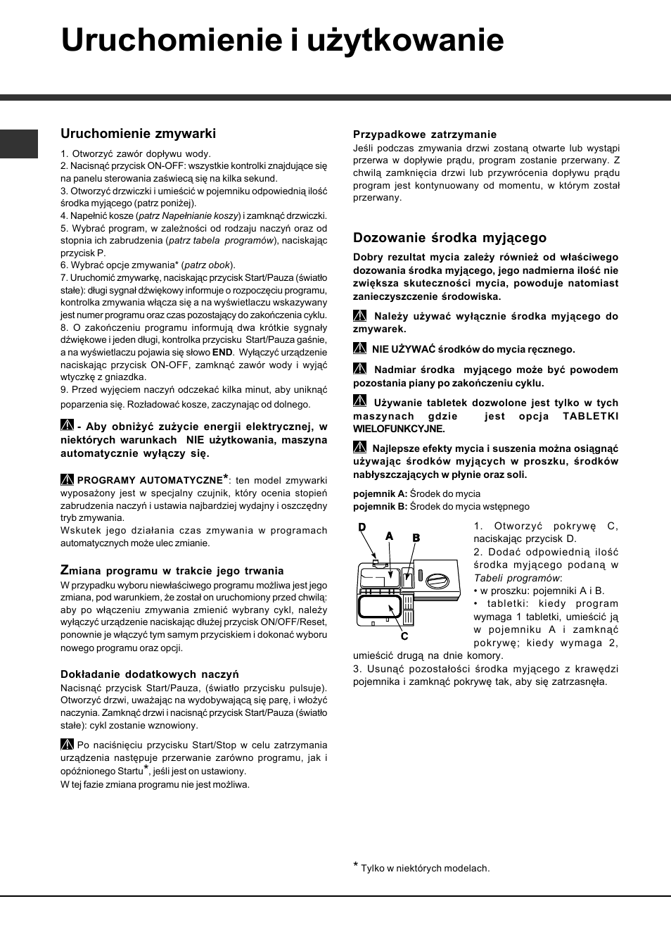 Uruchomienie i użytkowanie, Dozowanie środka myjącego, Uruchomienie zmywarki | Hotpoint Ariston LSFA+ 935 User Manual | Page 42 / 84