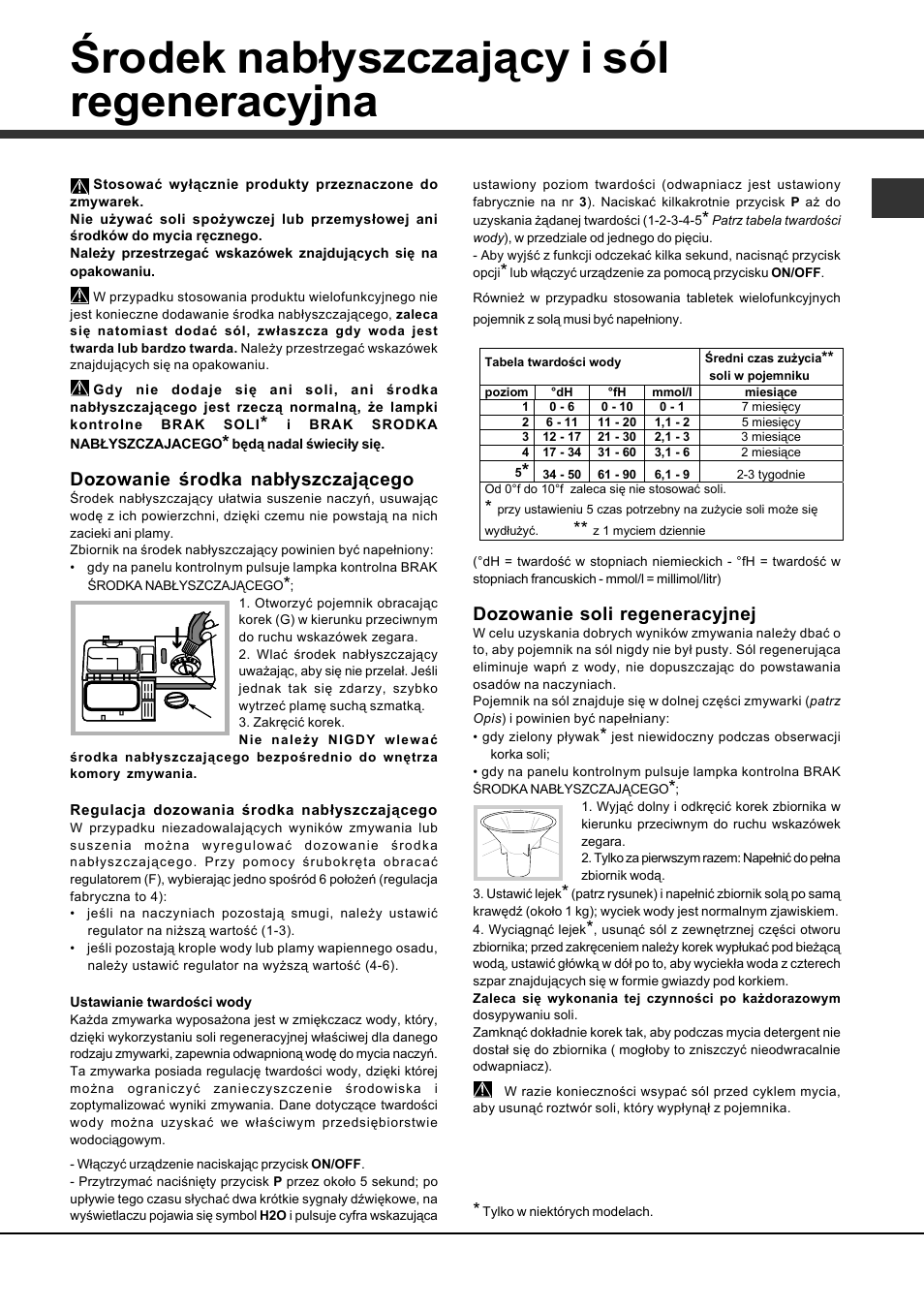 Środek nabłyszczający i sól regeneracyjna, Dozowanie środka nabłyszczającego, Dozowanie soli regeneracyjnej | Hotpoint Ariston LSFA+ 935 User Manual | Page 45 / 84