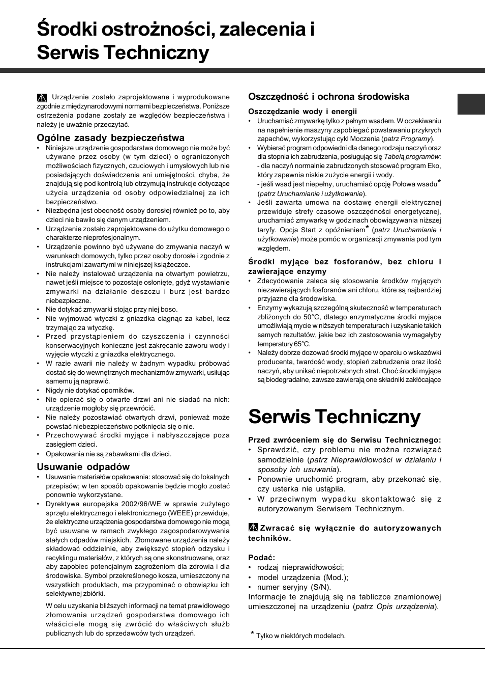 Środki ostrożności, zalecenia i serwis techniczny, Serwis techniczny, Ogólne zasady bezpieczeństwa | Usuwanie odpadów, Oszczędność i ochrona środowiska | Hotpoint Ariston LSFA+ 935 User Manual | Page 47 / 84