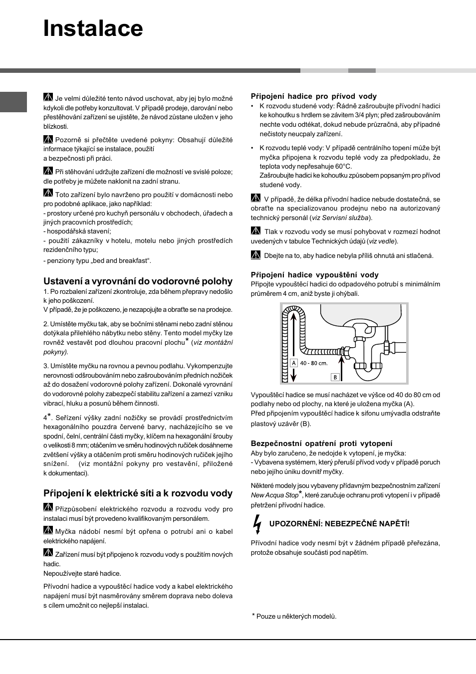 Instalace, Ustavení a vyrovnání do vodorovné polohy, Pŕipojení k elektrické síti a k rozvodu vody | Hotpoint Ariston LSFA+ 935 User Manual | Page 50 / 84