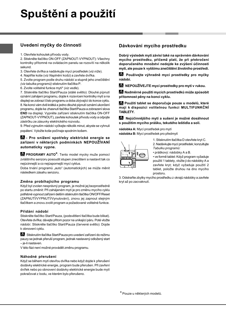 Spuštění a použití, Dávkování mycího prostŕedku, Uvedení myčky do činnosti | Hotpoint Ariston LSFA+ 935 User Manual | Page 54 / 84