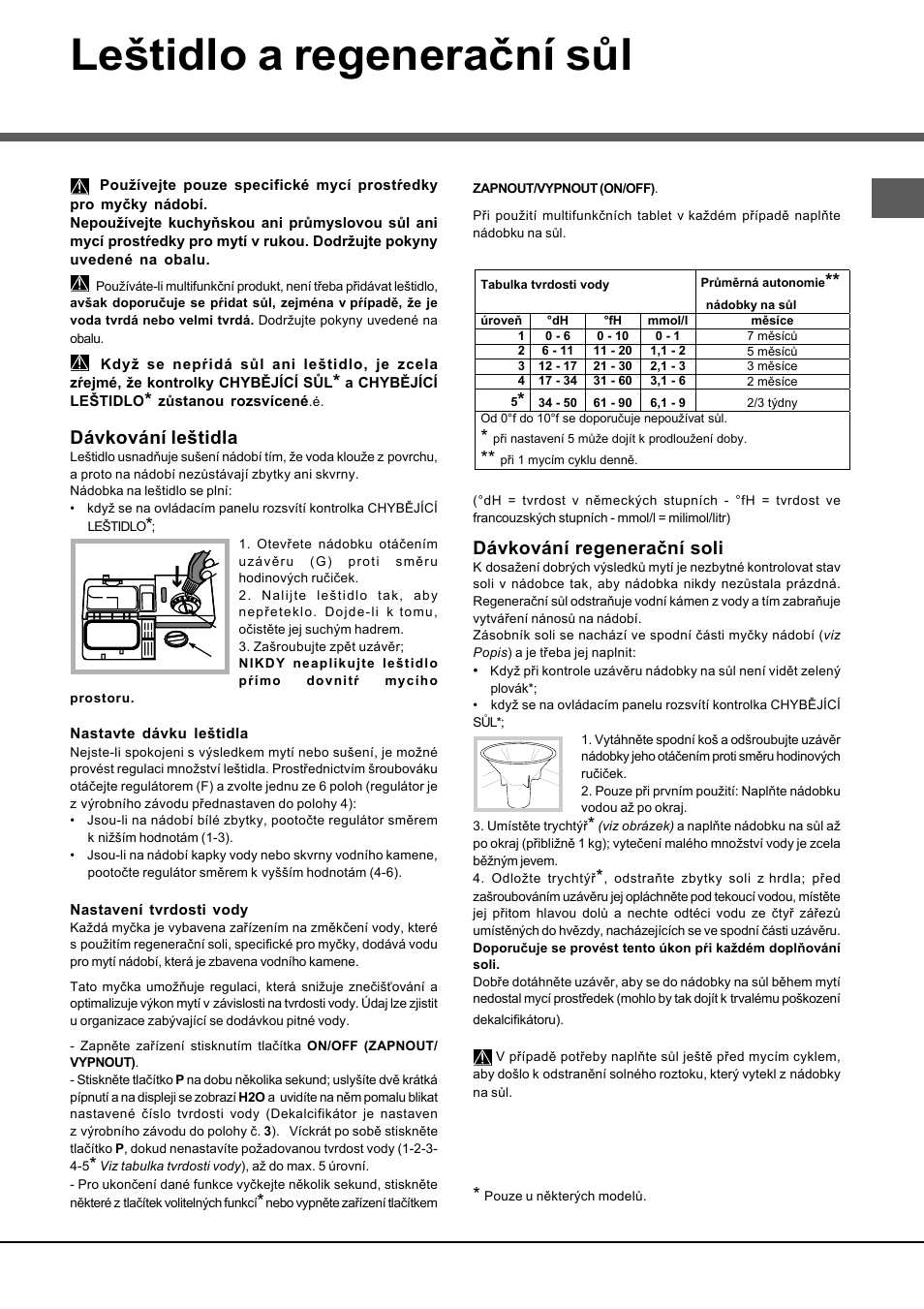 Leštidlo a regenerační sůl, Dávkování leštidla, Dávkování regenerační soli | Hotpoint Ariston LSFA+ 935 User Manual | Page 57 / 84