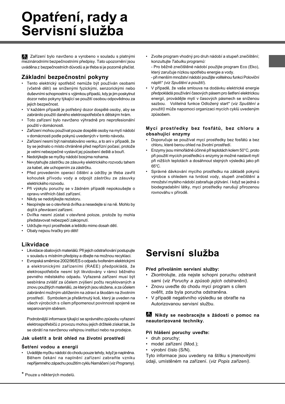 Opatŕení, rady a servisní služba, Servisní služba, Základní bezpečnostní pokyny | Likvidace | Hotpoint Ariston LSFA+ 935 User Manual | Page 59 / 84