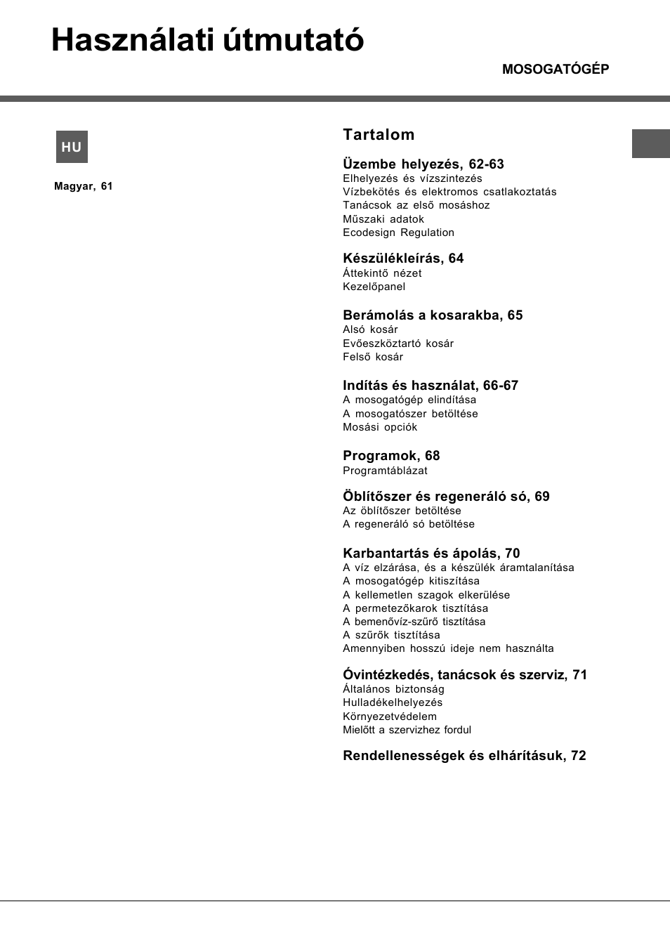 Használati útmutató, Tartalom, Lsfa+ 935 | Hotpoint Ariston LSFA+ 935 User Manual | Page 61 / 84