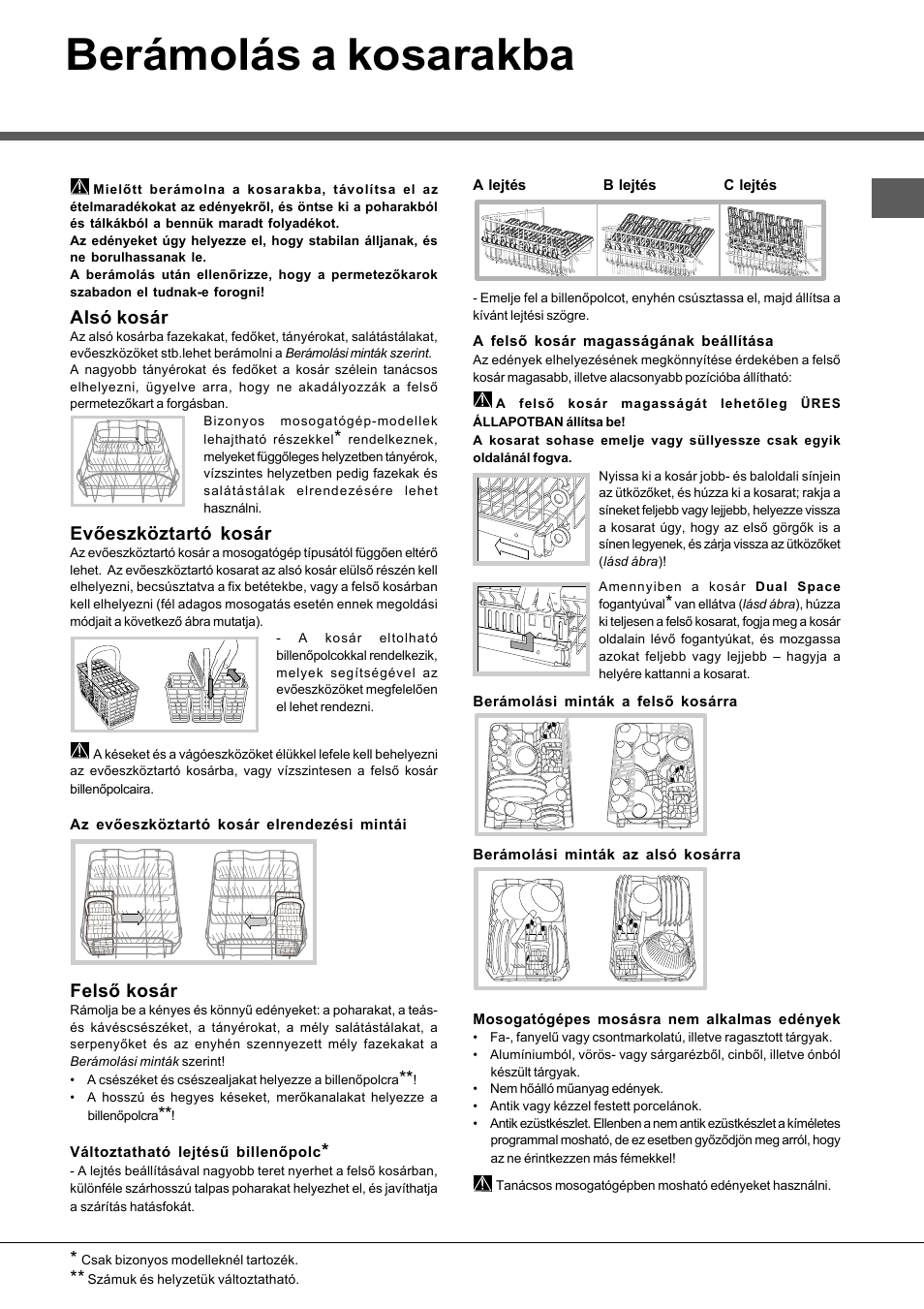 Berámolás a kosarakba, Alsó kosár, Evőeszköztartó kosár | Felső kosár | Hotpoint Ariston LSFA+ 935 User Manual | Page 65 / 84