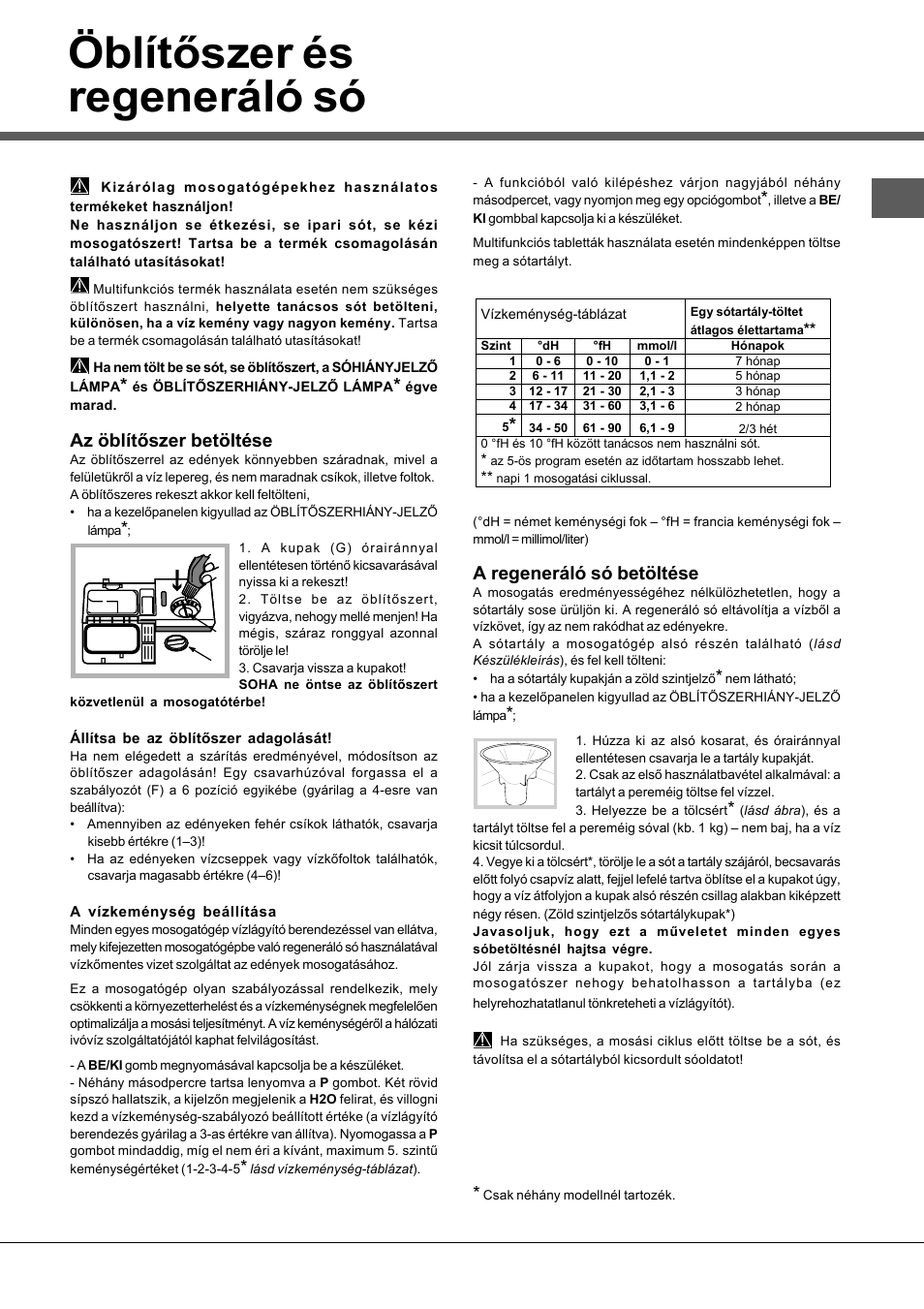 Öblítőszer és regeneráló só, Az öblítőszer betöltése, A regeneráló só betöltése | Hotpoint Ariston LSFA+ 935 User Manual | Page 69 / 84