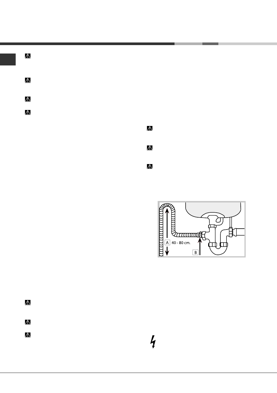 Installatie, Plaatsing en waterpas zetten, Hydraulische en elektrische aansluitingen | Hotpoint Ariston LFS 114 User Manual | Page 50 / 84