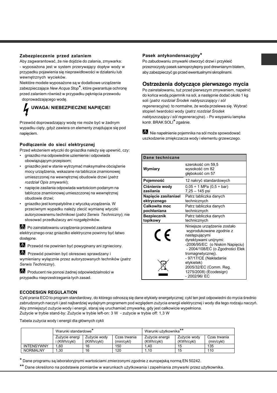 Ostrzeżenia dotyczące pierwszego mycia | Hotpoint Ariston LFS 114 User Manual | Page 75 / 84