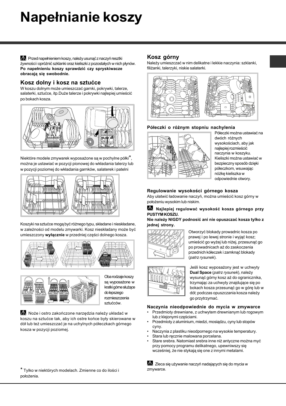 Napełnianie koszy, Kosz dolny i kosz na sztućce, Kosz górny | Hotpoint Ariston LFS 114 User Manual | Page 77 / 84