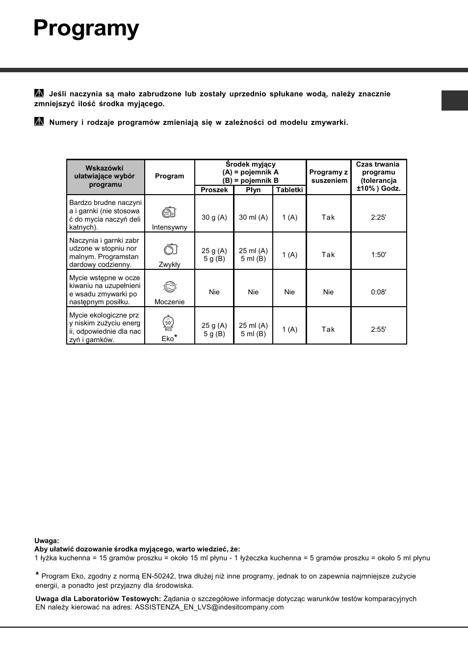 Programy | Hotpoint Ariston LFS 114 User Manual | Page 79 / 84