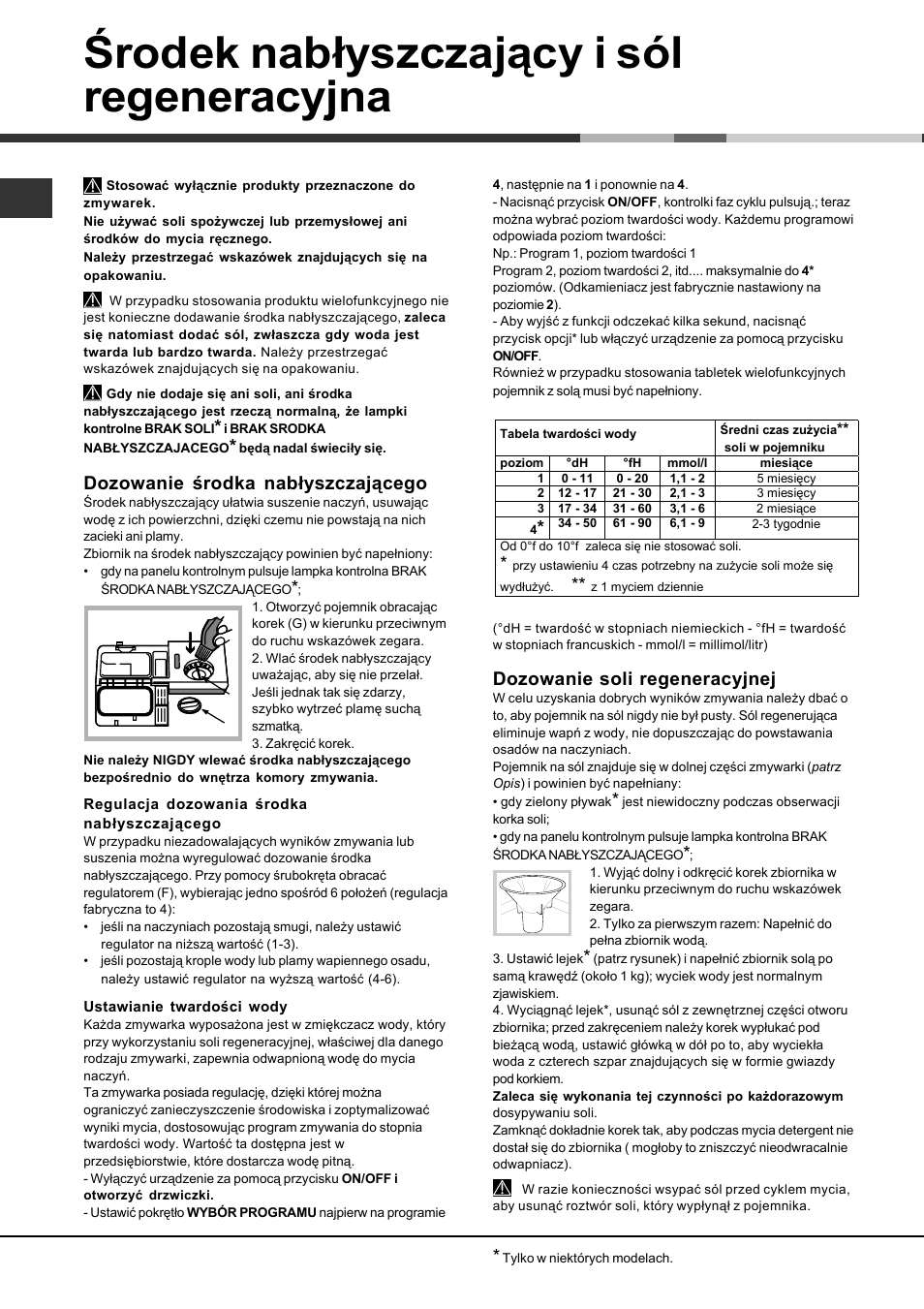Środek nabłyszczający i sól regeneracyjna, Dozowanie środka nabłyszczającego, Dozowanie soli regeneracyjnej | Hotpoint Ariston LFS 114 User Manual | Page 80 / 84