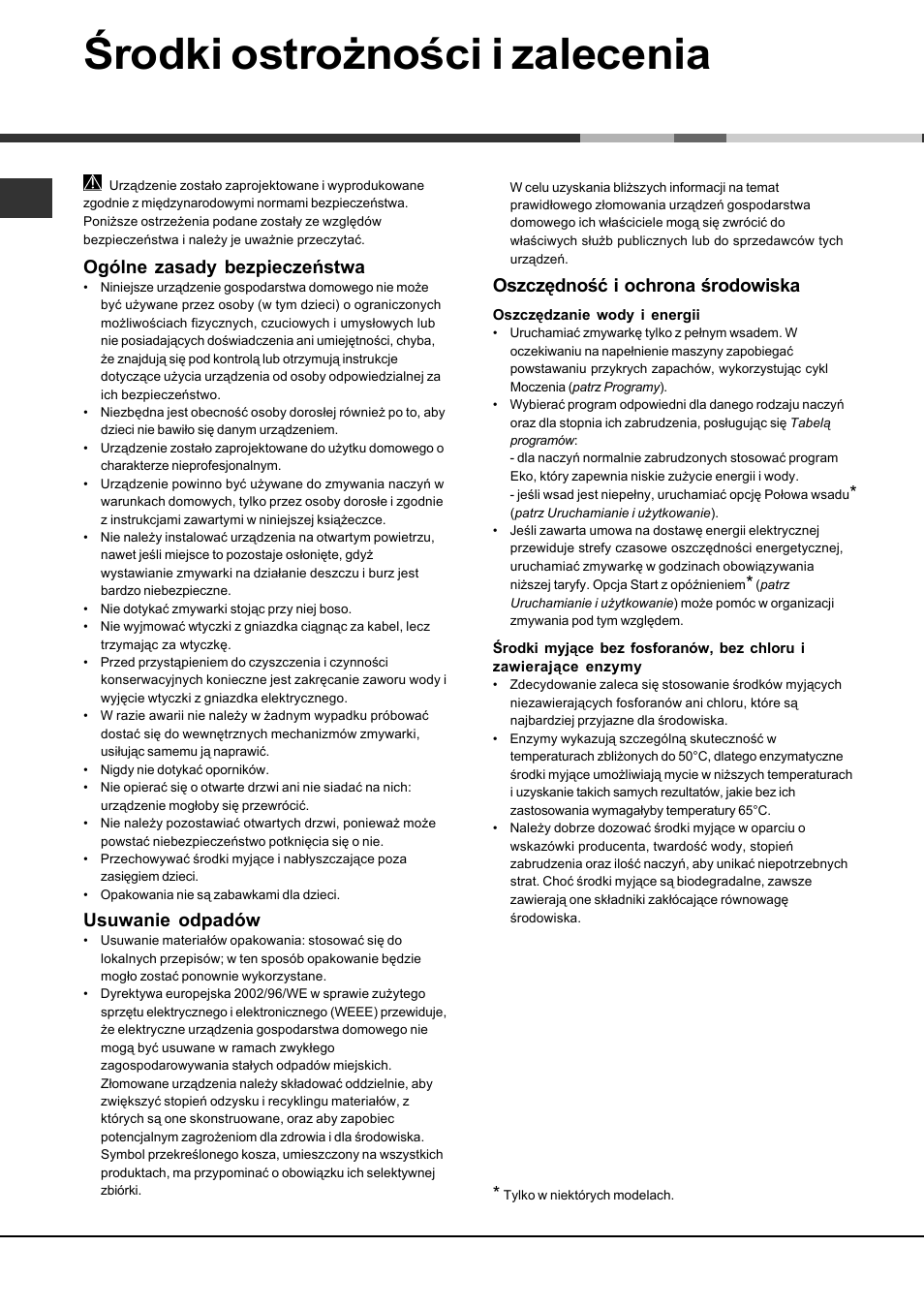 Środki ostrożności i zalecenia, Ogólne zasady bezpieczeństwa, Usuwanie odpadów | Oszczędność i ochrona środowiska | Hotpoint Ariston LFS 114 User Manual | Page 82 / 84