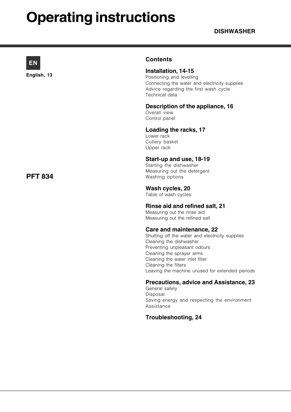 Operating instructions | Hotpoint Ariston PFT 834X User Manual | Page 13 / 84