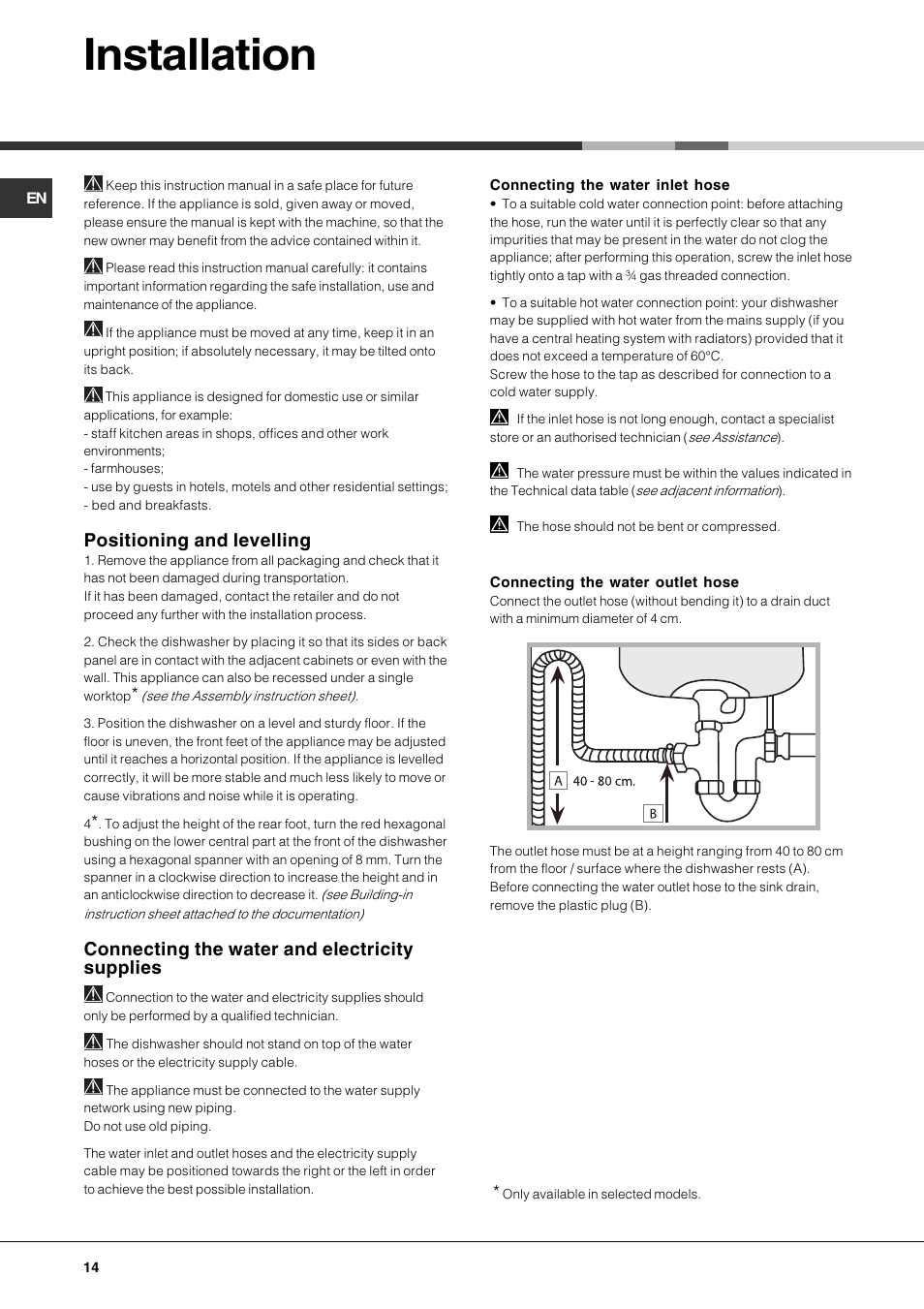 Installation, Positioning and levelling, Connecting the water and electricity supplies | Hotpoint Ariston PFT 834X User Manual | Page 14 / 84