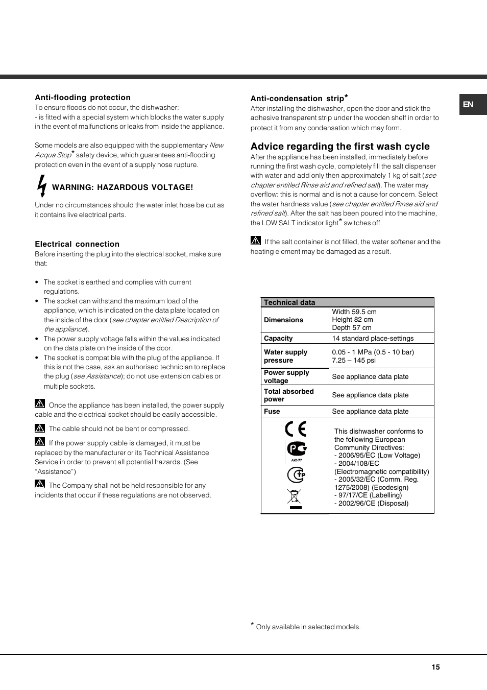 Advice regarding the first wash cycle | Hotpoint Ariston PFT 834X User Manual | Page 15 / 84