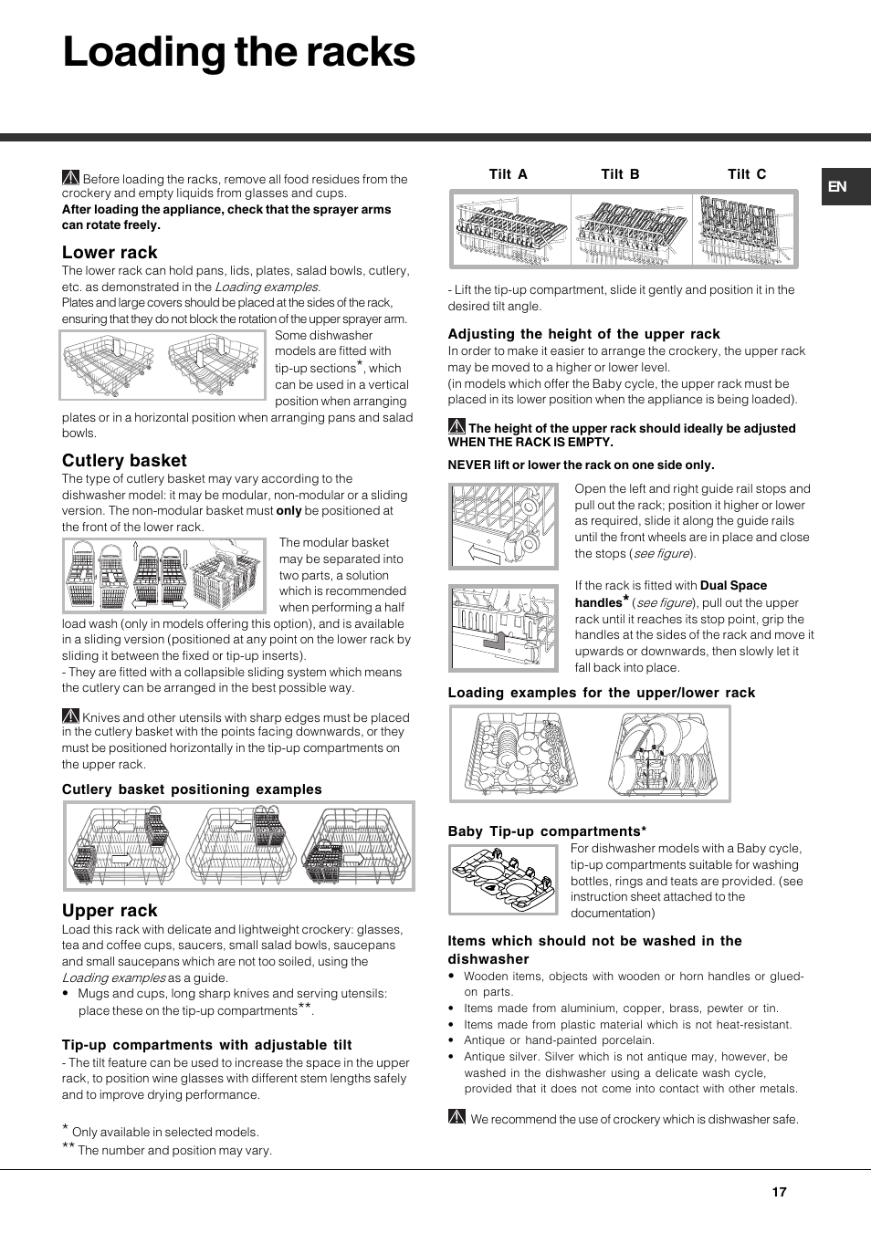 Loading the racks, Lower rack, Cutlery basket | Upper rack | Hotpoint Ariston PFT 834X User Manual | Page 17 / 84