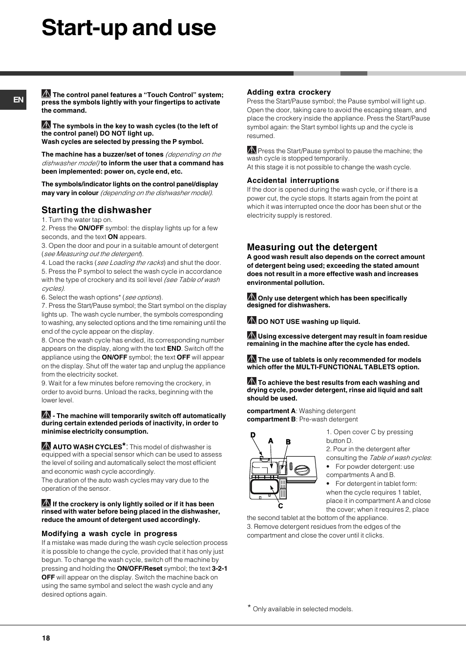 Start-up and use, Starting the dishwasher, Measuring out the detergent | Hotpoint Ariston PFT 834X User Manual | Page 18 / 84