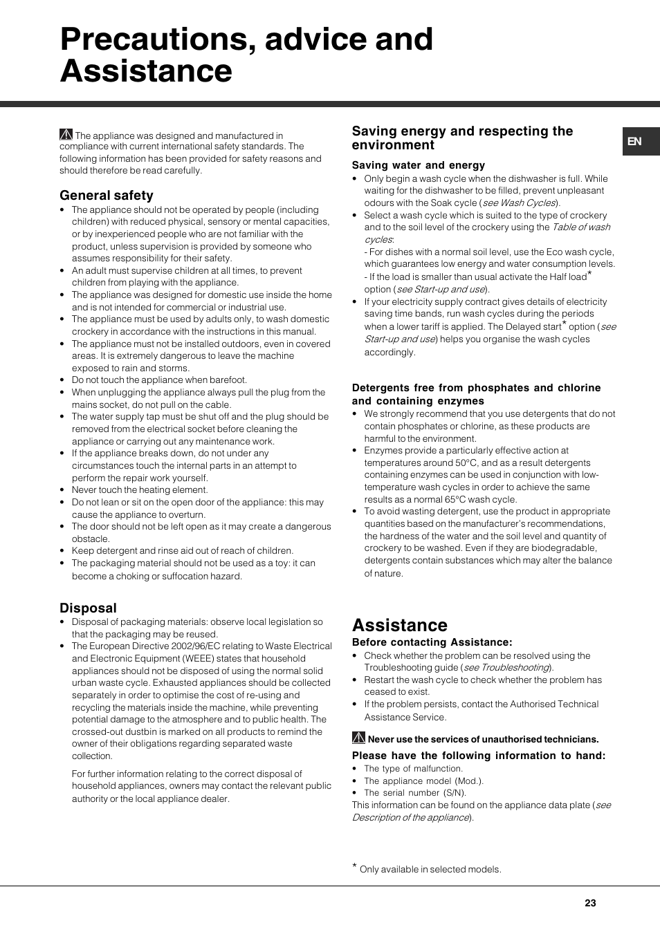 Precautions, advice and assistance, Assistance, General safety | Disposal, Saving energy and respecting the environment | Hotpoint Ariston PFT 834X User Manual | Page 23 / 84