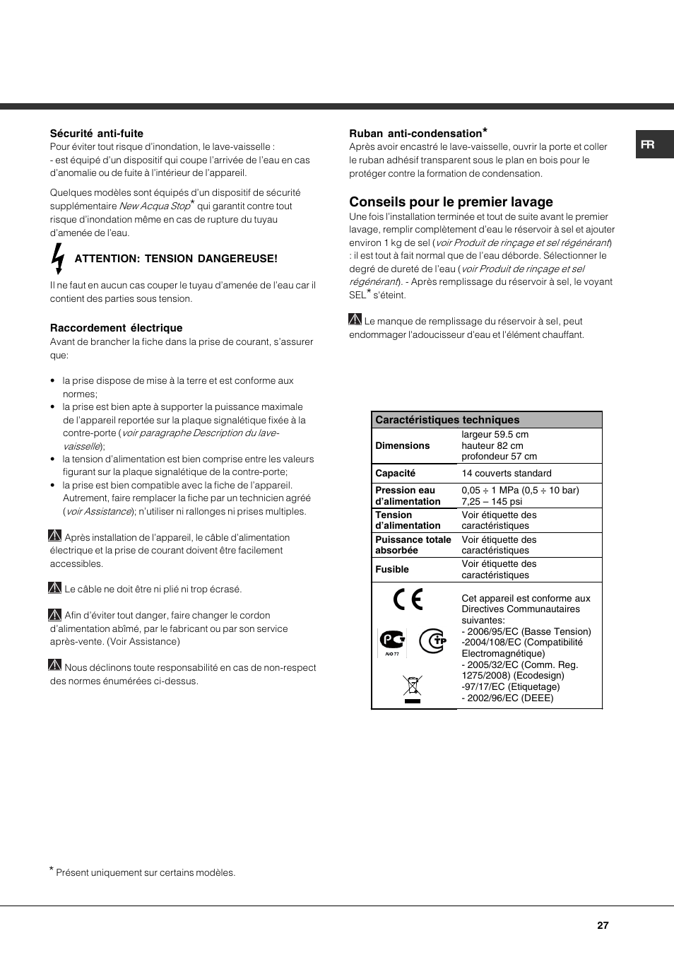 Conseils pour le premier lavage | Hotpoint Ariston PFT 834X User Manual | Page 27 / 84