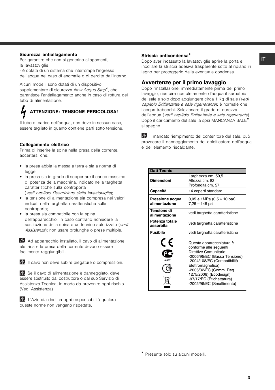 Avvertenze per il primo lavaggio | Hotpoint Ariston PFT 834X User Manual | Page 3 / 84