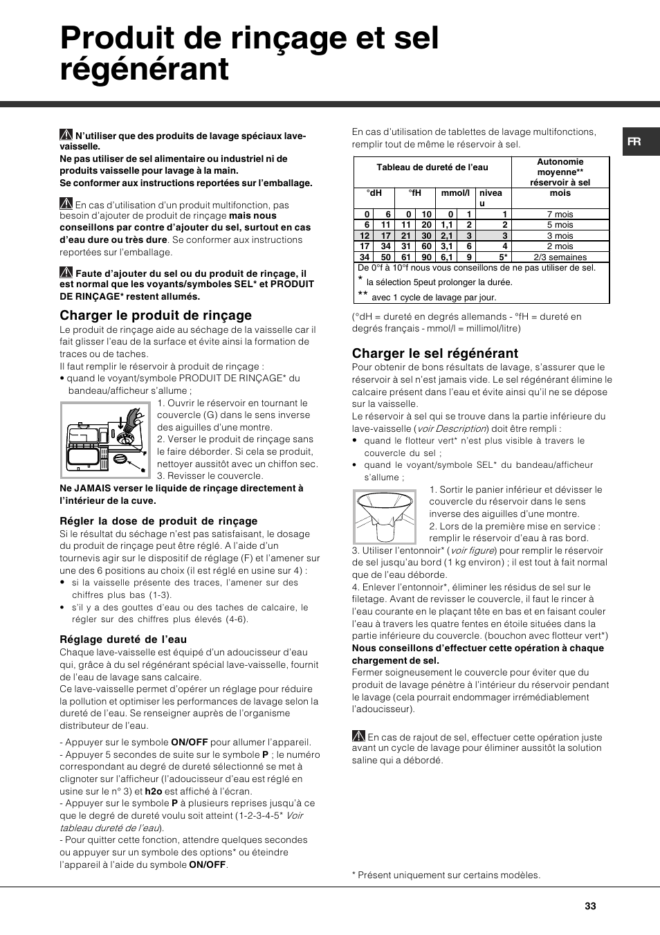 Produit de rinçage et sel régénérant, Charger le produit de rinçage, Charger le sel régénérant | Hotpoint Ariston PFT 834X User Manual | Page 33 / 84