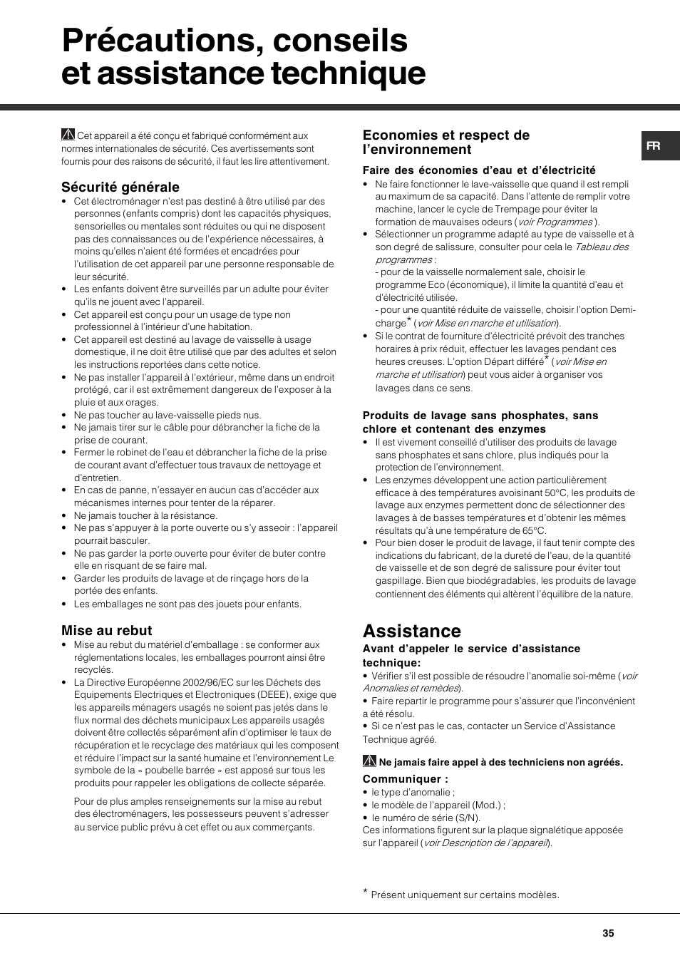 Précautions, conseils et assistance technique, Assistance, Sécurité générale | Mise au rebut, Economies et respect de lenvironnement | Hotpoint Ariston PFT 834X User Manual | Page 35 / 84