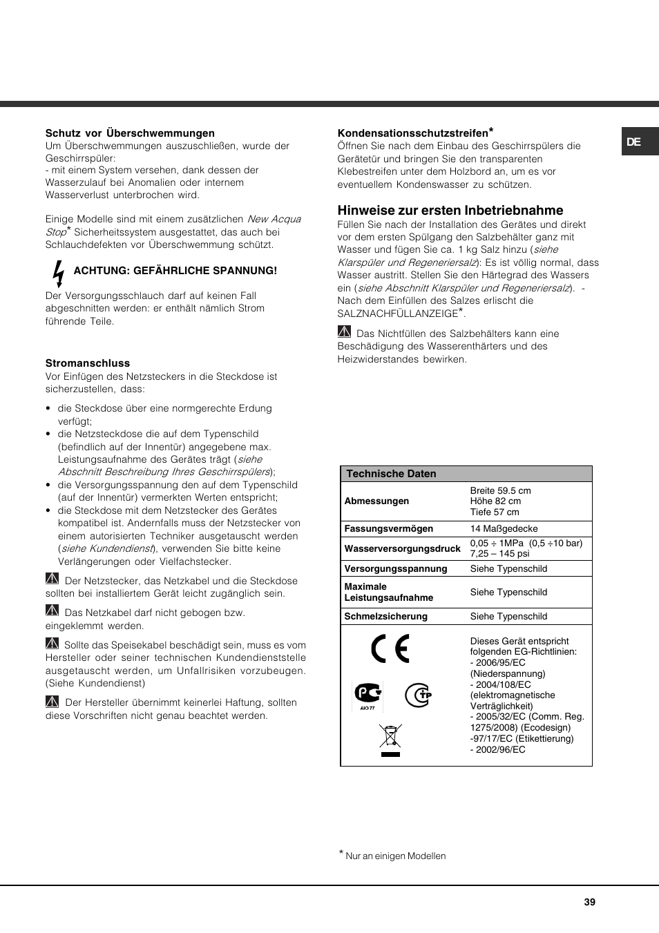 Hinweise zur ersten inbetriebnahme | Hotpoint Ariston PFT 834X User Manual | Page 39 / 84