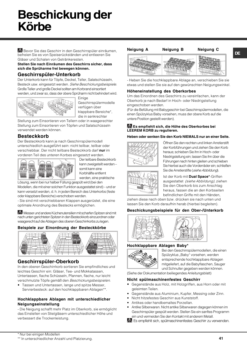 Beschickung der körbe, Geschirrspüler-unterkorb, Besteckkorb | Geschirrspüler-oberkorb | Hotpoint Ariston PFT 834X User Manual | Page 41 / 84