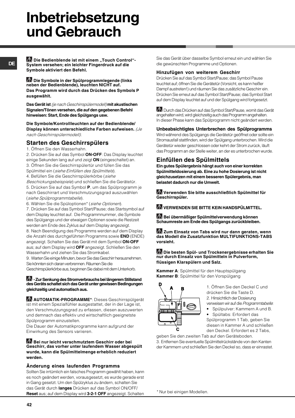 Inbetriebsetzung und gebrauch, Starten des geschirrspülers, Einfüllen des spülmittels | Hotpoint Ariston PFT 834X User Manual | Page 42 / 84