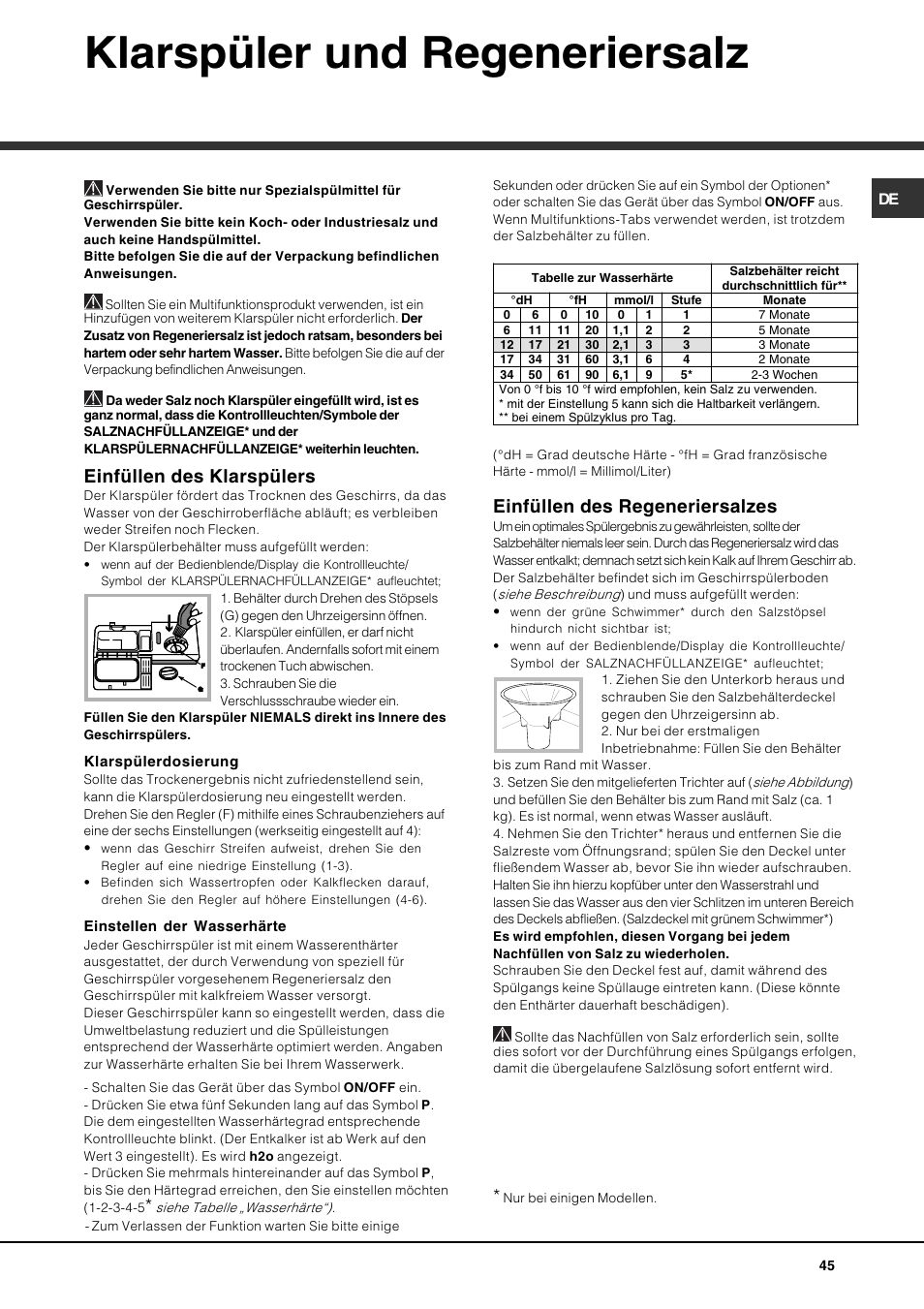 Klarspüler und regeneriersalz, Einfüllen des klarspülers, Einfüllen des regeneriersalzes | Hotpoint Ariston PFT 834X User Manual | Page 45 / 84