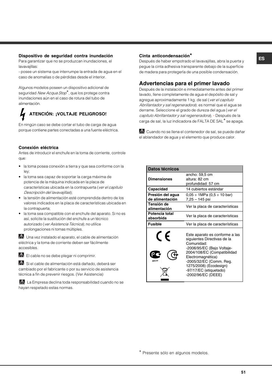 Advertencias para el primer lavado | Hotpoint Ariston PFT 834X User Manual | Page 51 / 84