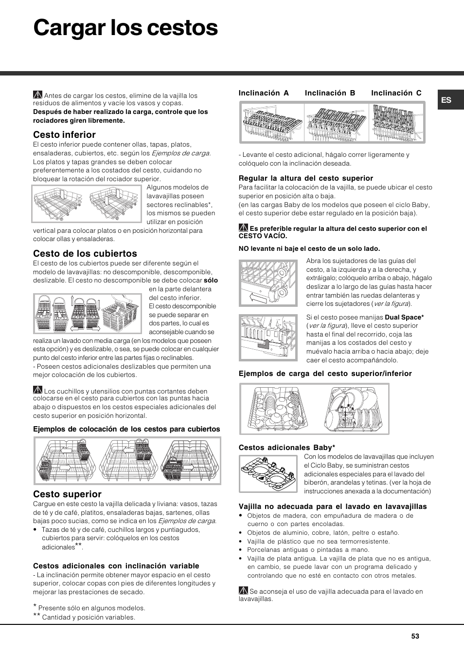 Cargar los cestos, Cesto inferior, Cesto de los cubiertos | Cesto superior | Hotpoint Ariston PFT 834X User Manual | Page 53 / 84