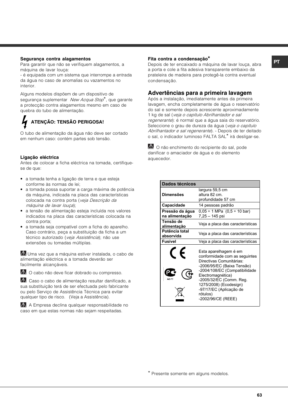 Advertências para a primeira lavagem | Hotpoint Ariston PFT 834X User Manual | Page 63 / 84