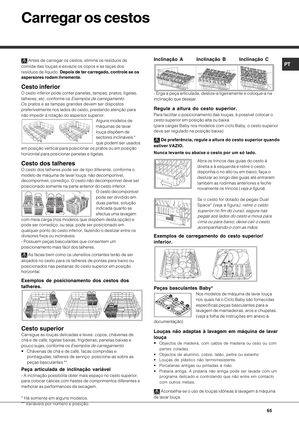 Carregar os cestos, Cesto inferior, Cesto dos talheres | Cesto superior | Hotpoint Ariston PFT 834X User Manual | Page 65 / 84