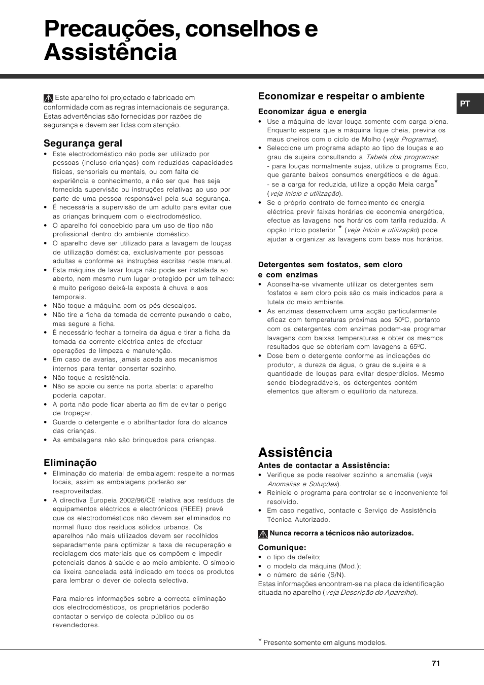 Precauções, conselhos e assistência, Assistência, Segurança geral | Eliminação, Economizar e respeitar o ambiente | Hotpoint Ariston PFT 834X User Manual | Page 71 / 84
