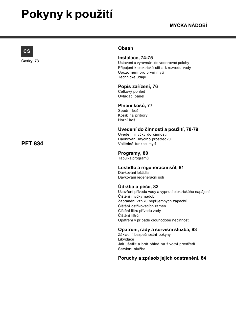 Pokyny k pouitн | Hotpoint Ariston PFT 834X User Manual | Page 73 / 84